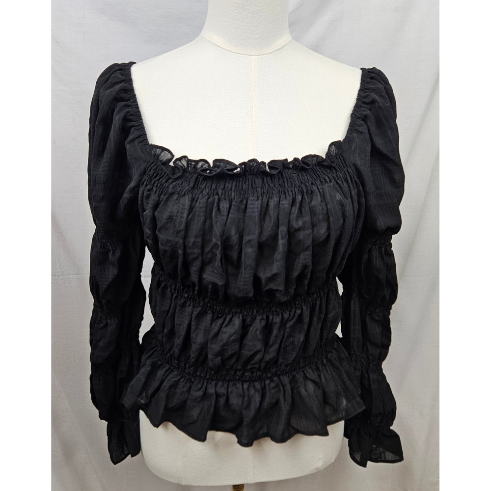 Mele E Pere Black Smocked‎ Square Neck Blouse Ruched Sleeve M Boho Fairycore